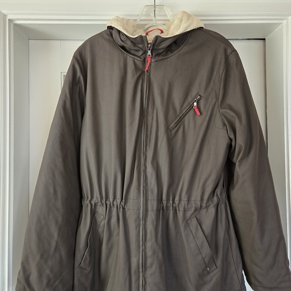 Weatherproof Women's Brown Coat with Red Accents